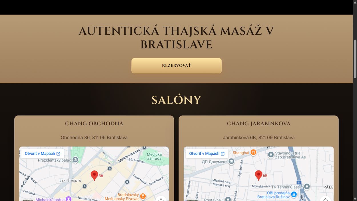 Chang.sk presentation website for a Thai massage business in Bratislava